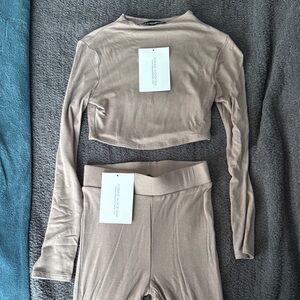 Naked Wardrobe Taupe Long Sleeve Crop Top & Leggings Set